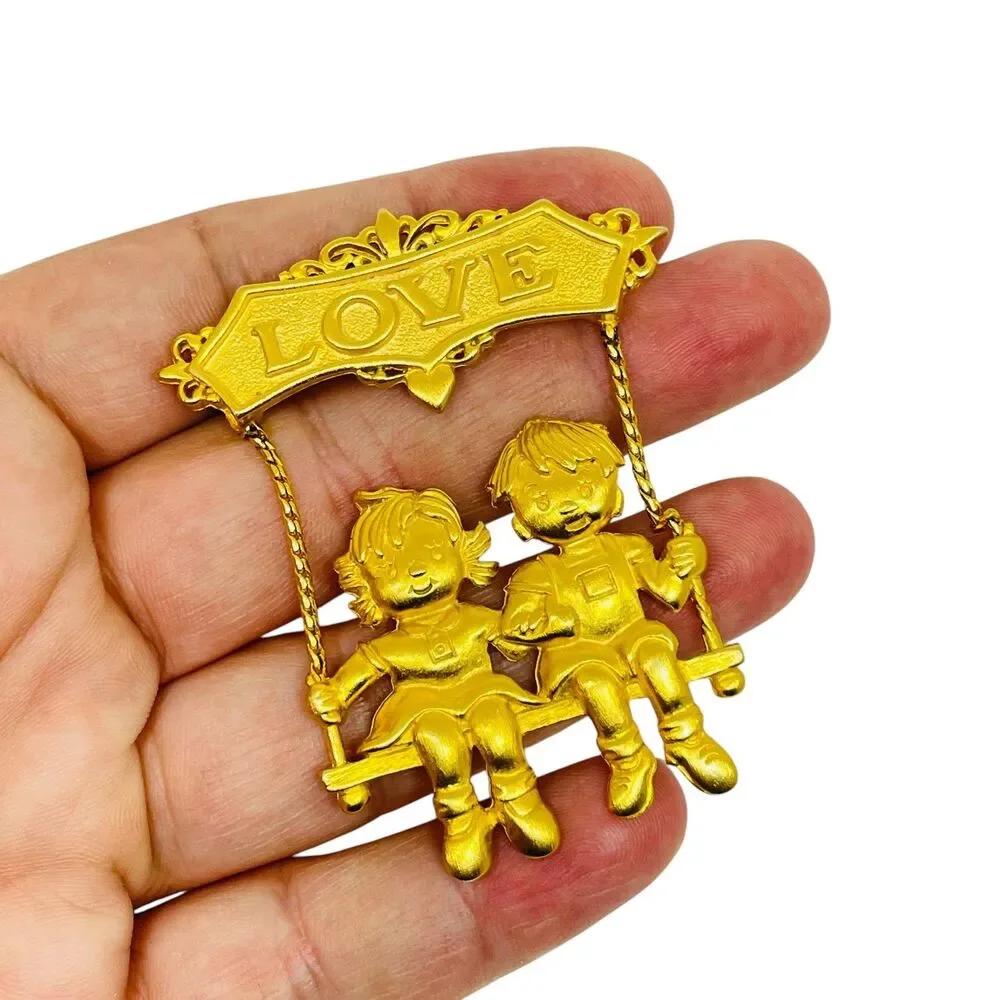 JJ signed vintage boy girl LOVE couple swinging designer brooch